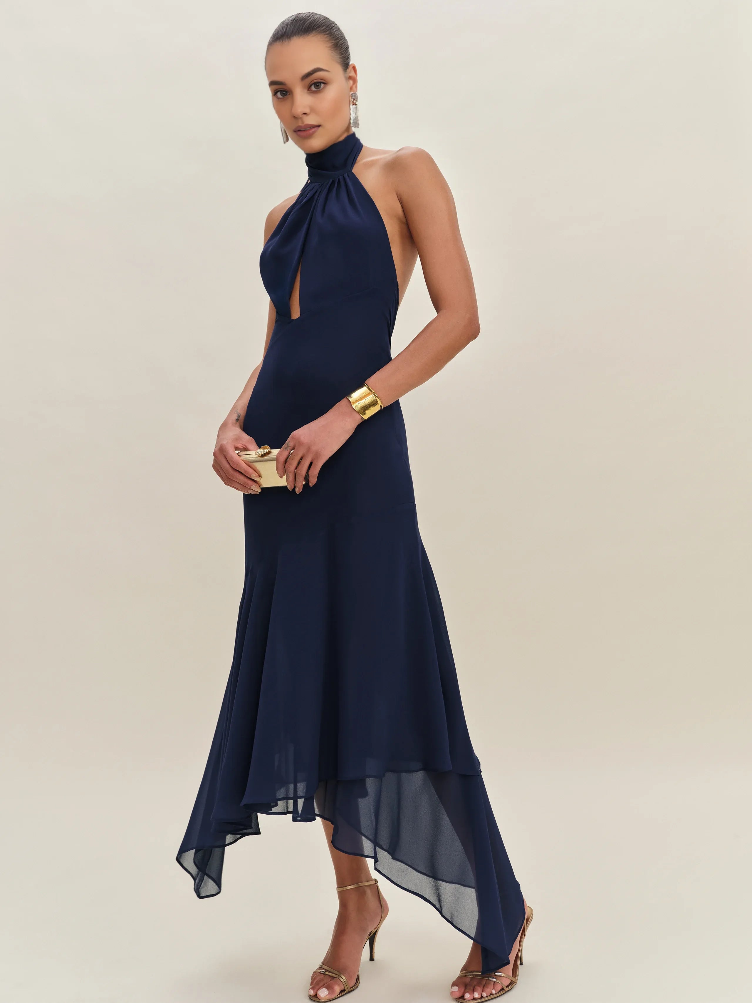 Robe Weitese simple, col haut, sans manches, coupe trapèze, robe de bal, robe longue plissée, dos nu, ourlet asymétrique